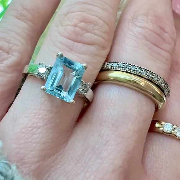 ❌SOLD❌ Vintage Aquamarine Diamond Ring Solid 14K Gold White Gold Emerald cut - Picture 12 of 17